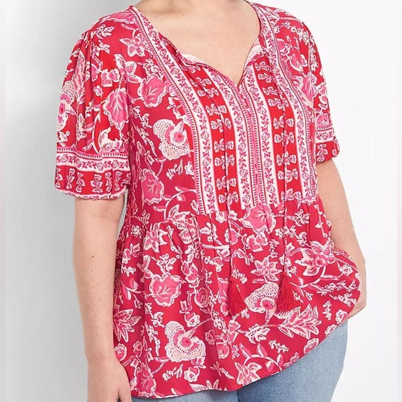 Lane Bryant Floral Boho Red, Pink, White Tie String Puff Sleeve Blouse Sz 20 - Picture 1 of 13
